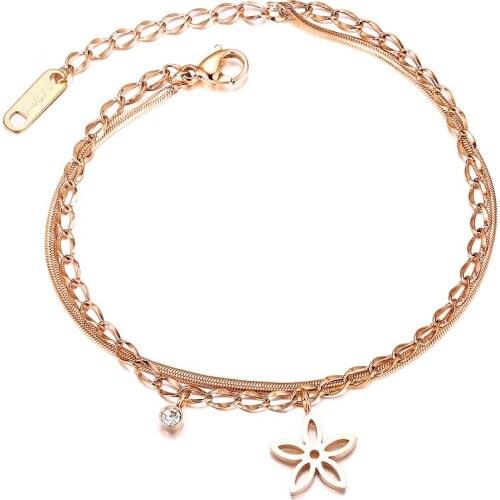 JHSL Fashion Jewelry Rose Gold Color Stainless Steel Girlfriend Gift Female Women CZ Stone Bracelets Bangles with Flower Charm