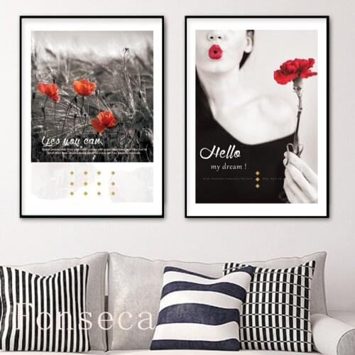 Beautiful Flower Red Lip Girl Wall Art Pictures Inspiring Motto Canvas Painting Fashion Modern Home Decor For Living Room