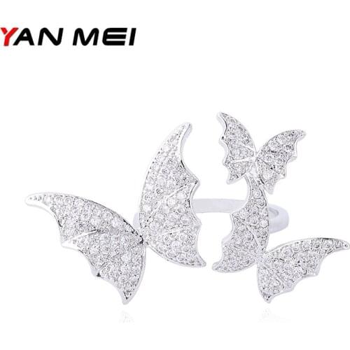 YANMEI Three Fly Butterflies CZ Finger Rings For Women Korean Version Open Ring Insect Fashion Jewelry YMJ1828