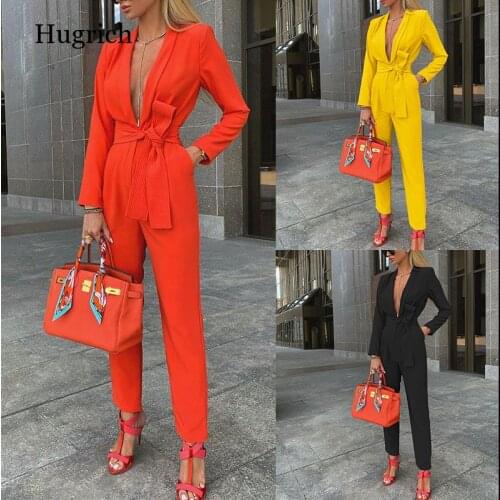 Elegant Woman Work Jumpsuits Solid Office Lady Long Sleeve Deep V-Neck Sexy Female Jumpsuits Overalls Long Trousers Robe New2021