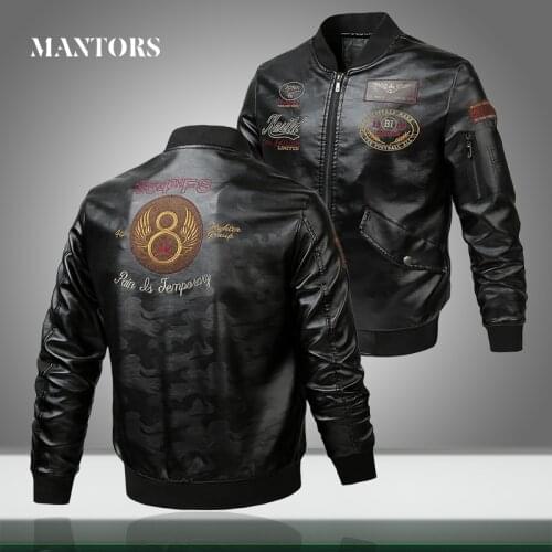 Leather Jacket Embroidery Men Zipper Motorcycle PU Leahter Jackets 2021 New Male Casual Windbreaker Slim Bomber Coat Pockets