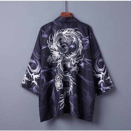 #5025 Chinese Style Dragon Print Kimono Jacket Cardigaon Harajuku Streetwear Coat Homme Thin Loose Sunscreen Jacket Men Summer