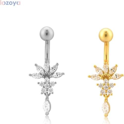 LOZOYA 925 Sterling Silver Single Button Ring Sexy Piercing Oval Body Jewely Belly Flower Dangle Navel Nail Belly For Women