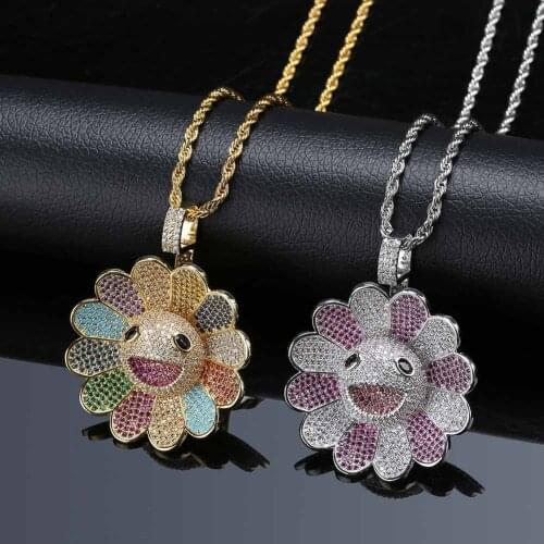 Copper Sunflower Sunflower Solid Pendant Zircon Colorful Flowers Rotatable Hip Hop Fashion Pendant Necklace Accessories
