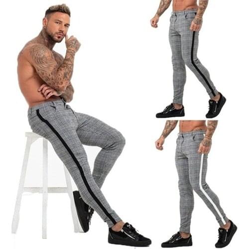Mens Chinos Cotton Slim Fit Men Pants Trousers Skinny Chinos Pants Grey Ankle Length Streetwear Plaid Side Stripe Pants