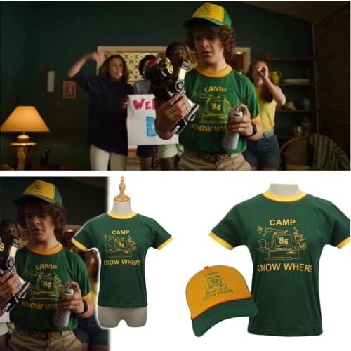New 2019 Stranger Things 3 Cosplay Costumes Dustin Retro Camp Know Where Cotton T-shirt With Hat Adjustable Baseball Cap Top
