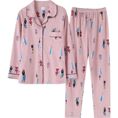 2019 New Autumn Knitted Cotton Women Pajamas Cartoon Pajama Set Long Sleece Casual Soft Pijama Plus Size Pyjama Femme Sleepwear