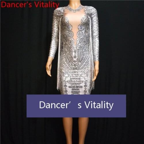 New Club Women Singer Host Opening Dance DJ DS Rhinestone Tassel Pole Dancing Elastic Slim Fit Evening Dress Adult Stage Wear