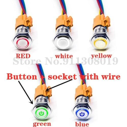 Flat 16mm waterproof metal button switch with self-reset and self-locking 6V12V24V220V with LED light(Button + socket with wire
