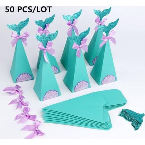 50 PCS/LOT Mermaid Paper Candy Gift Box Sweet Bags Hanging Gifts Kids Girls Wedding Birthday Mermaid Party Favors Supplies