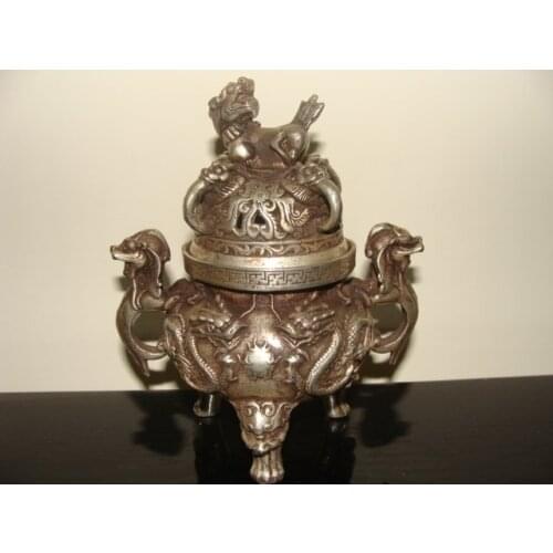 Rare Distinctive Old Ming Dynasty silver censer/ incense stove,Carved dragon,with mark,Free shipping