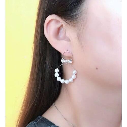 Real 100% 925 Sterling Silver Drop Earring Bow Knot Ear Stud Two Circle Connect Pearl Stylish Style Women Exquisite Jewelry