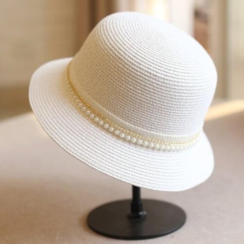 Womens Summer Dome Sun Hats with Pearl Decor Fashion Korean Style Outdoor Straw Woven Hats Beach Hats Casual Bucket Hats