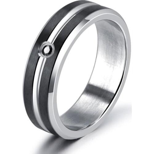 Sporty Twin Black Strip Mens Ring Two Tone Design Stainless Steel Inlaid Black CZ Male Finger Band Jewelry Gift GJ547