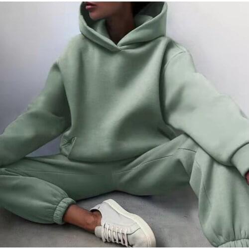 Womens Tracksuit Casual Solid Long Sleeve Hooded Sport Suits Autumn Warm Hoodie Sweatshirts and Long Pant Fleece Two Piece Sets