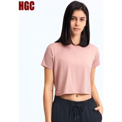 HGC Sports Top Women Fitness T-shirt Running Fashion Quick Dry Breathable Loose Elastic Workout Sexy Slim Gym Crop Yoga Blouse