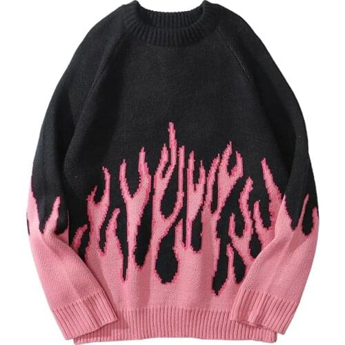 Mens Sweaters Streetwear Women Pink Flame Knitted Pullover Sweater Tops Hip Hop New Pull Over Casual Harajuku Sweatshirts