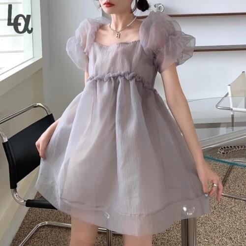 Luck A Summer Vintage Dresses Women Elegant French High Waist Gauze Fairy Dress Casual Korean Kawaii Sweet Party Dress 2021 New