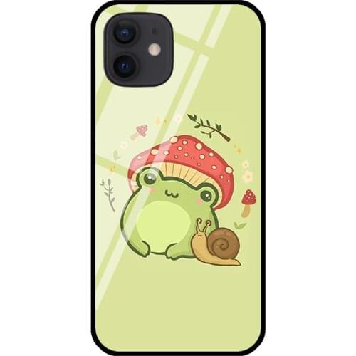 Cottagecore Aesthetic Frog Snail Vintage Tempered Glass Case For iPhone 11 12 Pro MAX XS XR X 7 8 Plus SE Phone Back Cover Shell