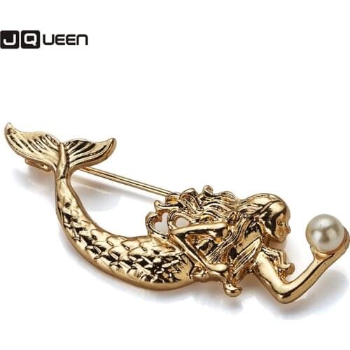 Gold Color Vintage Alloy Mermaid Brooches Simulated Pearl Lapel Pin Brooch for Women Lady Jewelry Gift