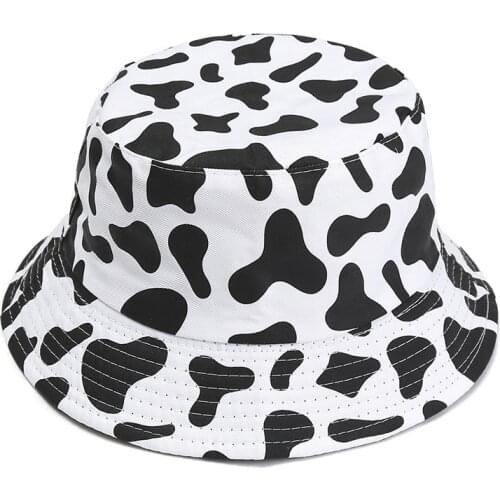 Women black white cow Fisherman Cap Alien Foldable Bucket Hat Beach Sun Party Street Headwear Panama Hat Harajuku