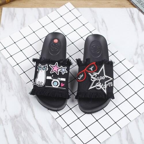 2019 Summer New Embroidery Womens Black Open Toe Slippers Tassel Denim Discount Womens Casual Shoes