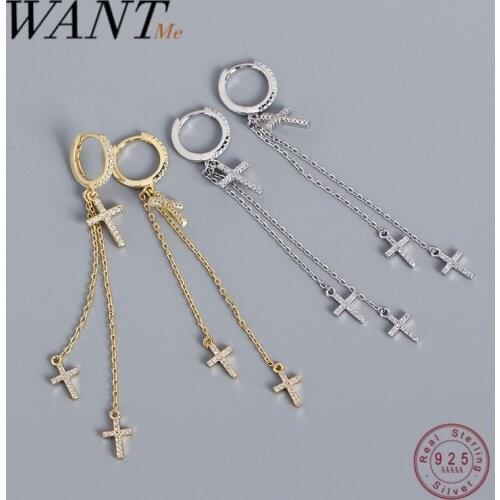 WANTME Genuine 925 Sterling Silver Gothic Ethnic Cross Tassel Earline Earring for Fashion Women Bohemian Punk Charming Jewelry