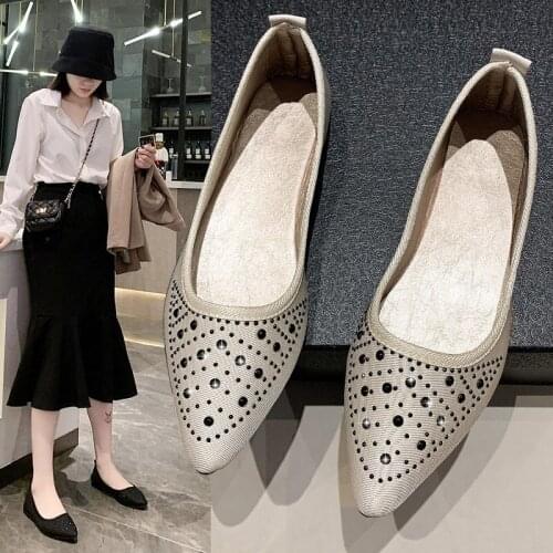 Plus Size 35-43 Women Flats Pointed Toe Slip on Flat Shoe Woman Loafers Crystal Boat Shoes Bling Single Shoe