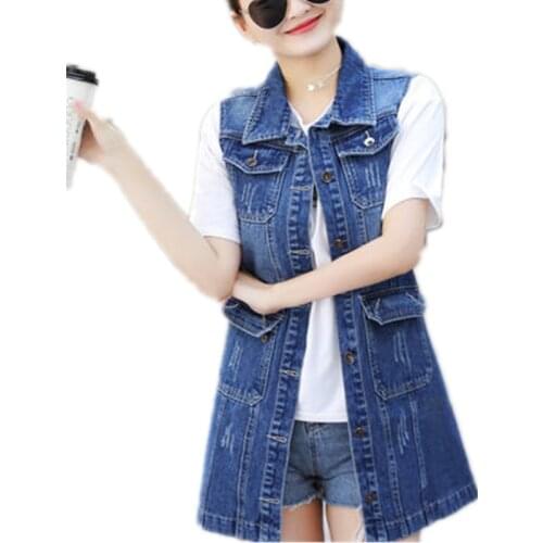Waistcoat Plus Size Coat 6XL Gilet Femme Autumn Women Denim Casual Vest Fashion Pocket Hole Denim Vests Jeans Jacket Sleeveless