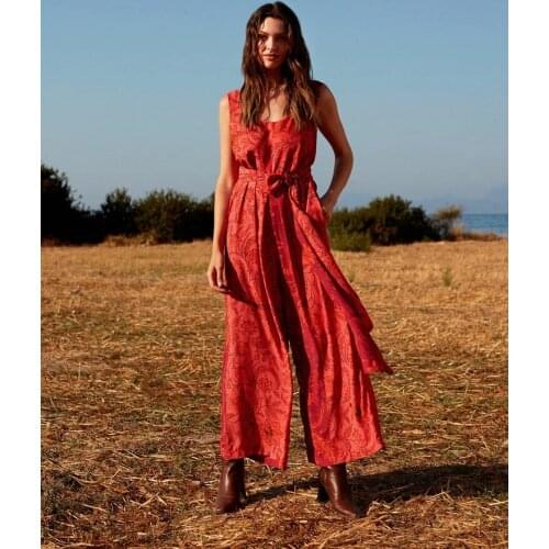 Women Red Floral Pattern Jumpsuit With Belt Spring Summer Beach Holiday Casual Bohemian Style Dresses 2021 New Collection