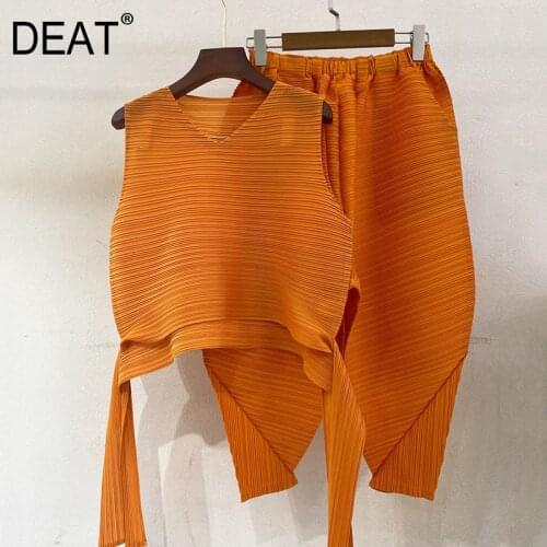 DEAT Women Pleated Suit Solid Sleeveless Bandage Pullover Short Top + Dropped Harem Pants Loose 2021 Summer New Fashion15HT245