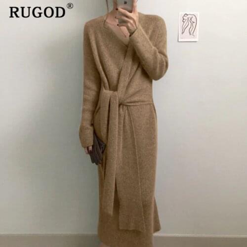 RUGOD 2019 Korean Belted Long Sweater Dress Women Elegant Soft Warm Knitted Dress Female Fashion winter oversized Thick dress