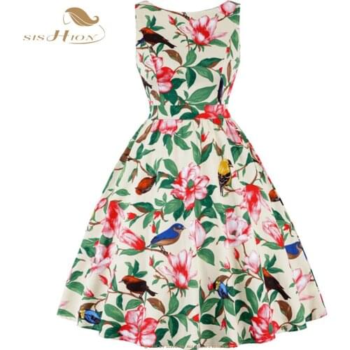 Sleeveless Cotton Rockabilly Dress Retro Casual Knee Length Office Floral Bird Animal Print Christmas 50s Party Jurk SP1442
