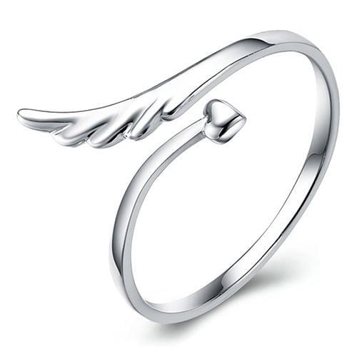 Womens Angel Wings Love Heart Silver Plated Gift Jewelry Opening Finger Ring trendy