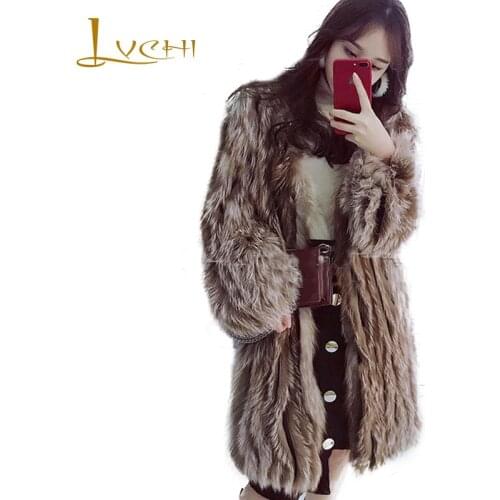 LVCHI 2019 Imported Marble Fox Fur Coats Slim V-Neck Fur Coat Womens Striped Medium Fur Strip Sewed Toghter Warm Fox Fur Coats
