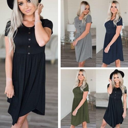 2020 Fashion O[-neck Womens Fashion Ladies Gray Black Buttons Casual Dress Holiday Style Dresses maxi dresses for women
