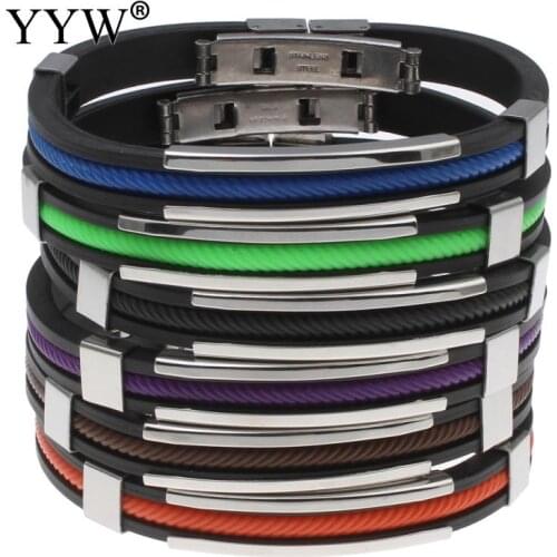 2021 Fashion Wristband Black With Nylon Cord Punk Rubber Silicone Stainless Steel Men Bracelets Bangles Pulseras Hombre Caucho