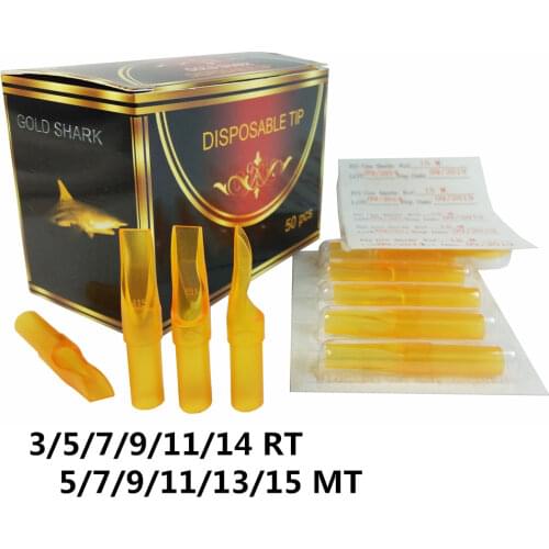 50PCS 5F 7F 9F 11F 13F Gold Shark Disposable Tattoo Sterile Flat Magnum Tips Nozzle For Permanent Makeup Tattoo Tools Supply