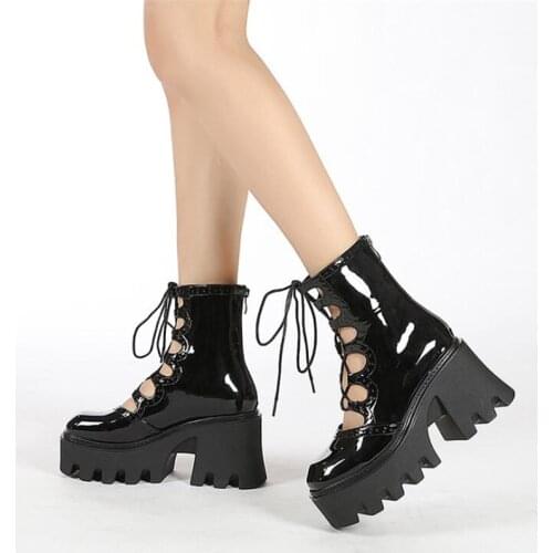 Spring Summer Fashion Hollow Out Platform Boots for Women Back Zipper Ladies Sandals Patent Leather High Heel Female Ankle Boots