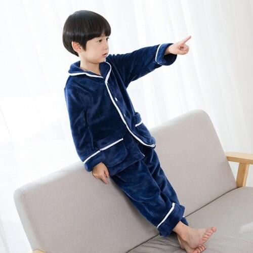 Children solid pajamas flannel sets navy blue and pink nightwear for 3-12 years kids toddler boys girl pajamas set clothes