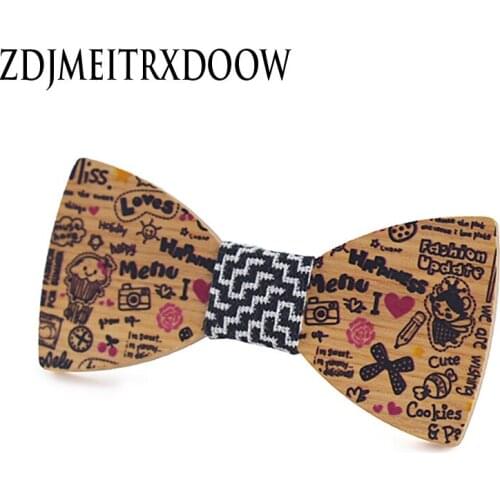 Cartoon Childrens Printed Wooden Bow Tie English Wind Boy Baby Wooden Collar Knot Performance Child Baby Bow Tie