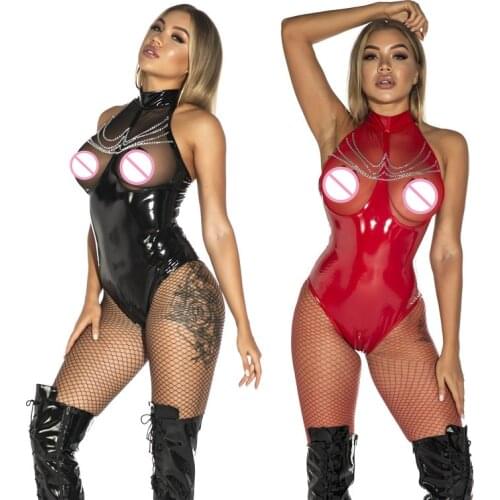 Sexy Faux Leather Catsuit PVC Latex Bodysuit Hollow out Bust Open Crotch Clubwear fetish hot erotic Pole Dance Lingerie wetlook