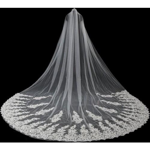 JaneVini 5 Meter Veil Ivory Wedding Veils with Comb Pearls Lace Appliques Edge One Layer Cathedral Flength Wedding Accessories