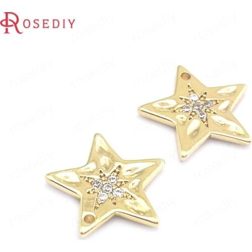 40364)4PCS 11.5MM 24K Gold Color Brass and Zircon Star Charms Pendants Jewelry Making Supplies Diy Findings Accessories