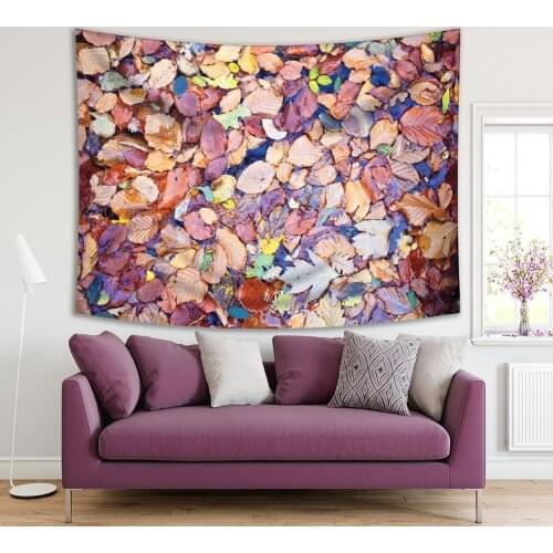 Tapestry Autumn Leaves Floading on River Water Seasonal Nature Scenery Photo Printed Blue Brown