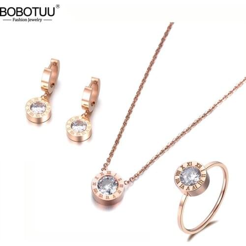 BOBOTUU Classic Round 2Ct Cubic Zirconia Pendant Necklace Earrings Ring Jewelry Sets Titanium Steel For Valentines Day BSE007R