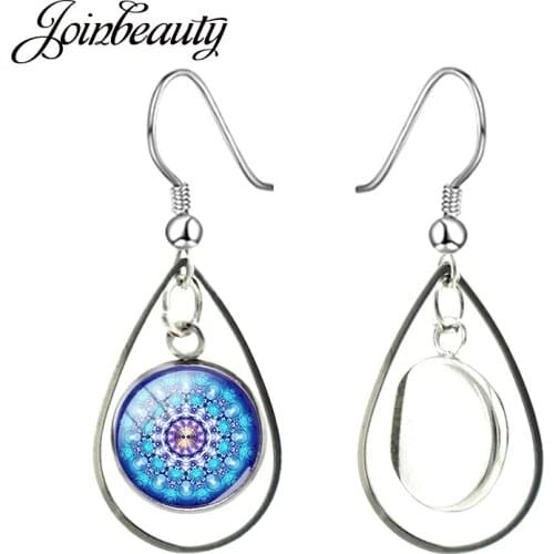 JOINBEAUTY Geometry Blue Flower Decorative Pattern Teardrop Earrings Round Glass Pendant Hollow Out Earrings Party Jewelry B427