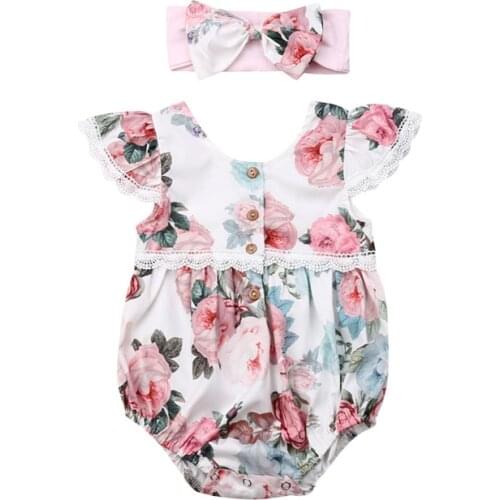 2Pcs Lovely Gifts Baby Girls Flowers Lace Ruffles Short Sleeve Romper Infant Lace Jumpsuit Clothes Sunsuit Outfits 2020