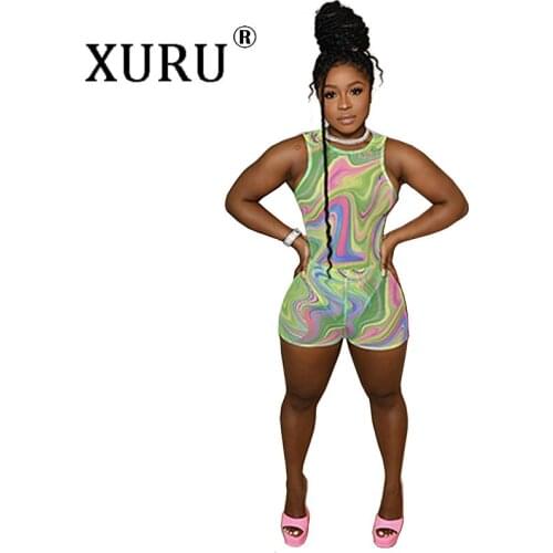 XURU Sleeveless Printed Swimsuit Jumpsuit 2-Piece Hot Sale Womens Sexy Jumpsuit Suit European and American Casual Jumpsuit