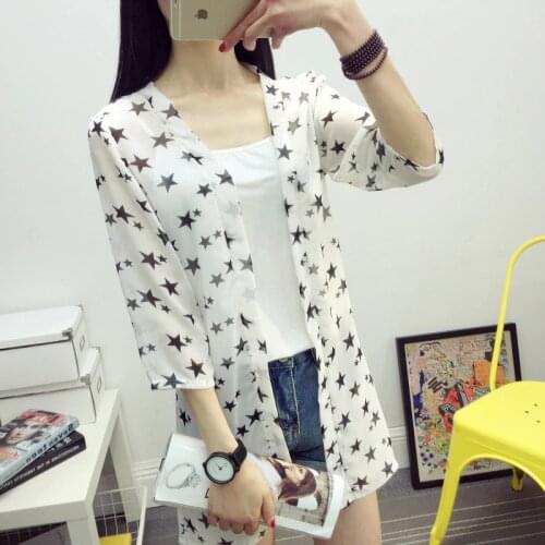 Summer Blouse Women Clothing Casual Chiffon Blouse Cardigan print White big star/White samll star/Black big star Blouse Shirt